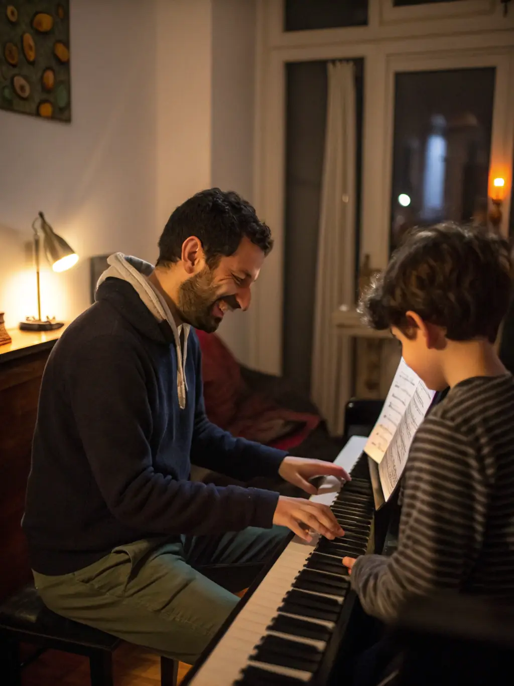 A musician teaching a music lesson online, using video conferencing software, guiding a student through a guitar exercise.